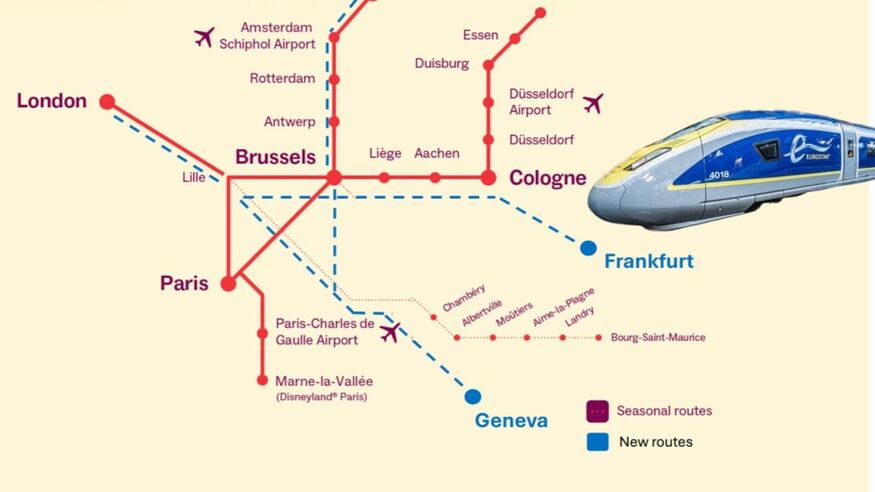 A map showing the new routes, with an added Eurostar train