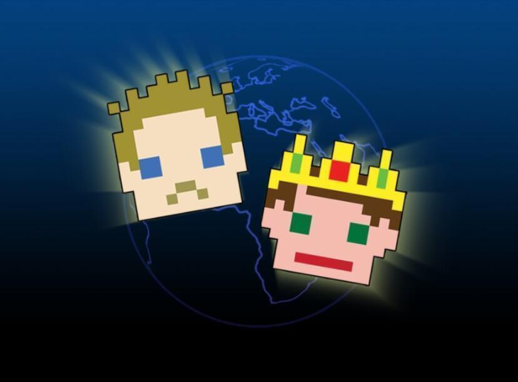A pixelated computer game graphic of two faces