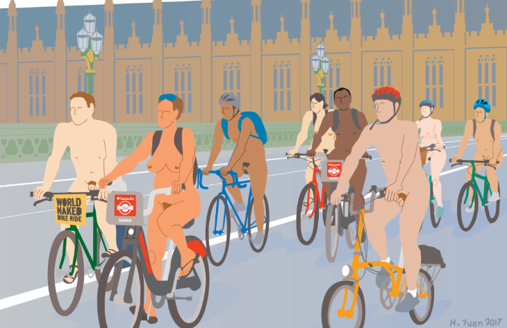 An illustration of nude cyclists on Westminster Bridge