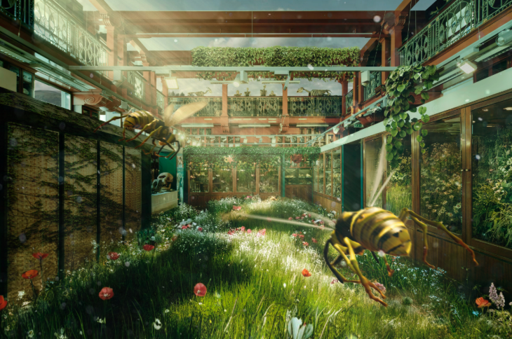 A CGI image of the Grant Museum taken over by plants, grass and wasps