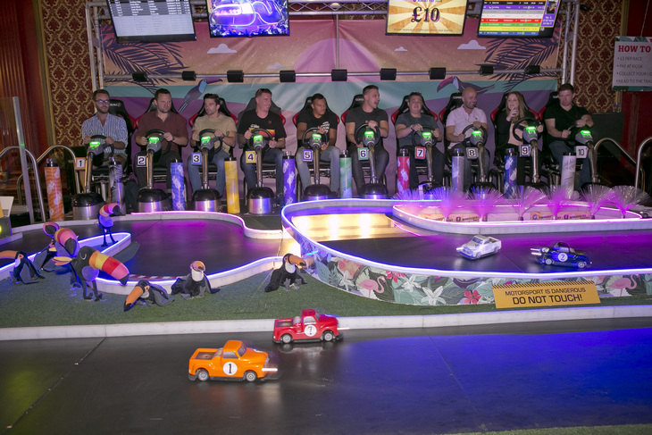 People playing a car game with steering wheels