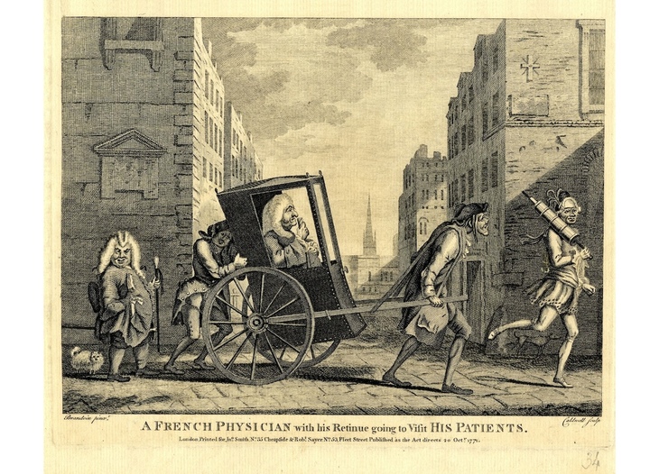 Cartoon of a French doctor being conveyed to his patient