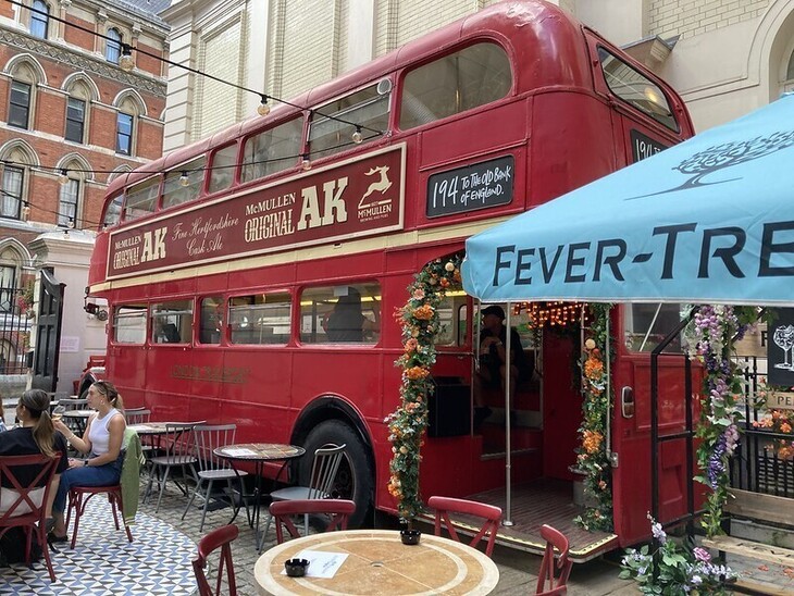A Routemaster in a beer garden