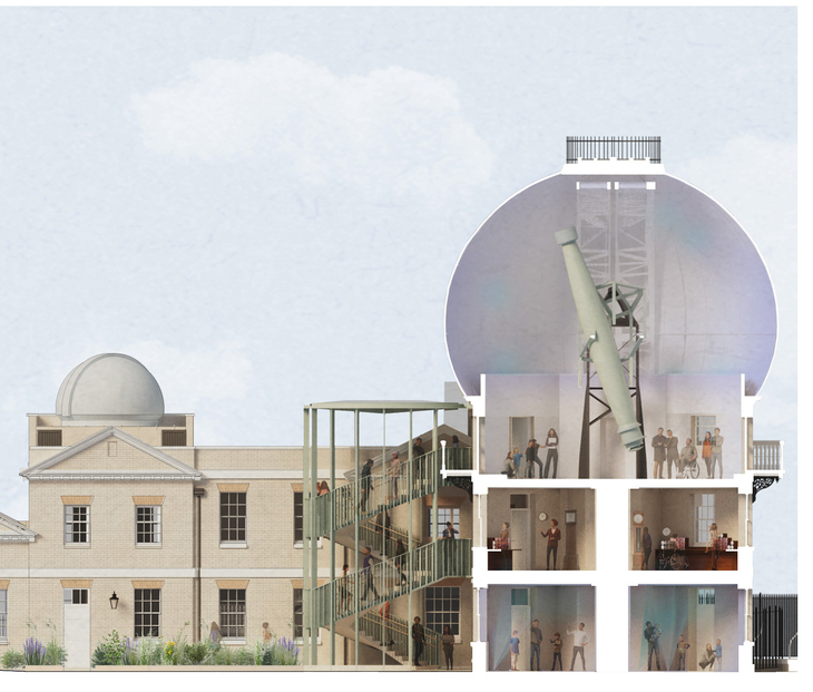 A cross section of the proposed renovation with stairs/a lift leading to a big telascope
