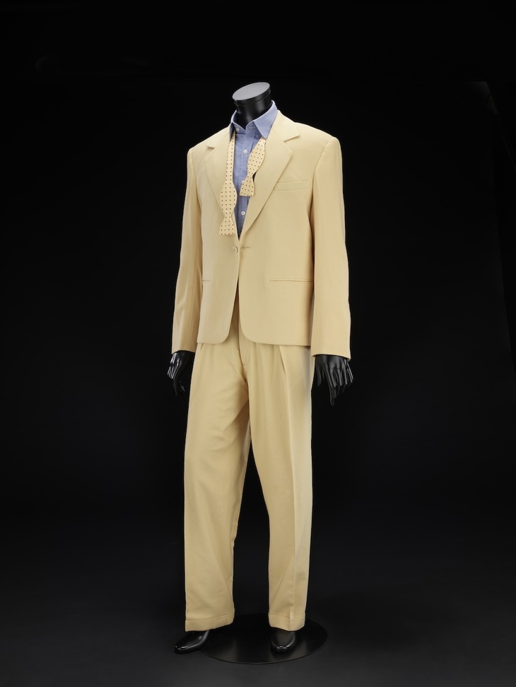 Suit David Bowie wore for Serious Moonlight tour for album Let’s Dance. Designed by Peter Hall, with bow tie from Harrod’s and suspenders from Brooks Brothers, 1983. Image courtesy of the Victoria and Albert Museum.JPG