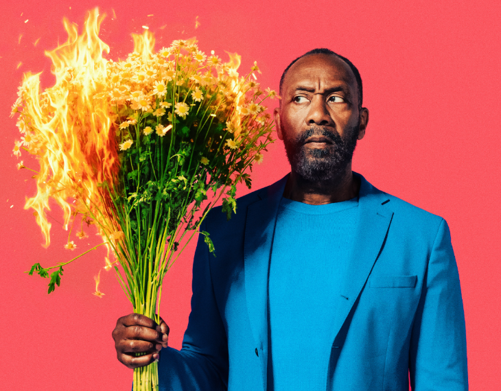 Things to do in London August 2025: Lenny Henry holding a bunch of daisies, half of which are on fire