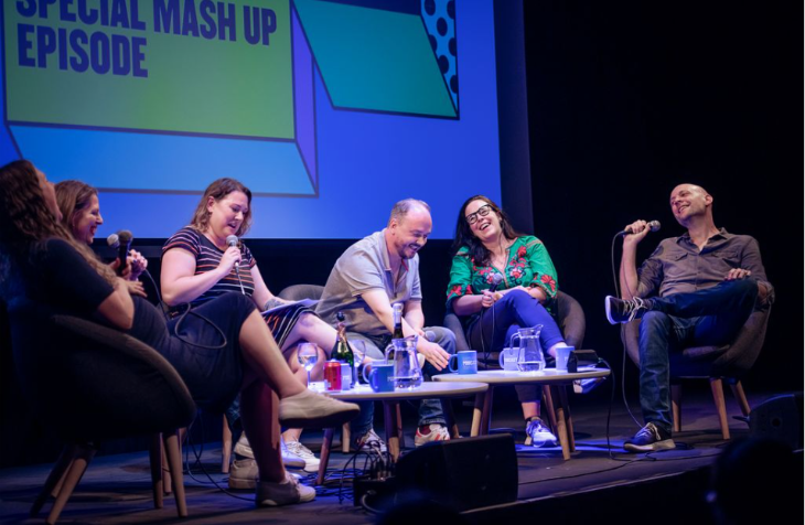 Things to do in London this autumn 2025: six people sitting in chairs on stage at the London Podcast Festival