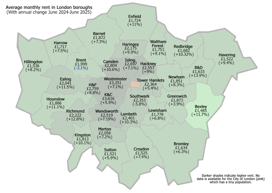 What's the average rent in London? A map shows how much rent people pay in each London borough