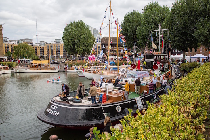 A barge moored up at St Katharine Docks