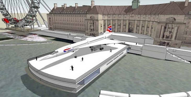 A concorde floating on an island in the thames