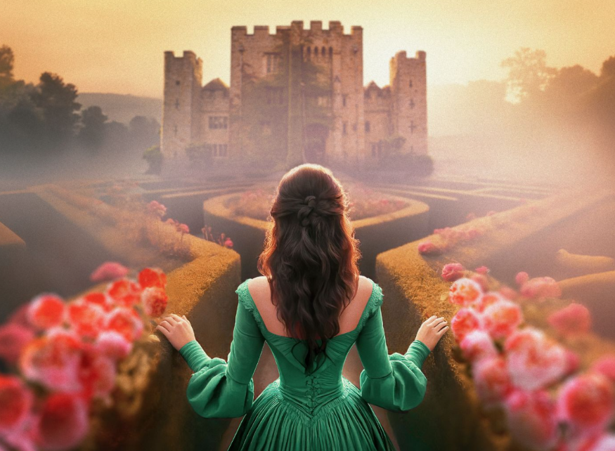 Promotional poster of a woman in a green dress in the gardens at Hever Castle