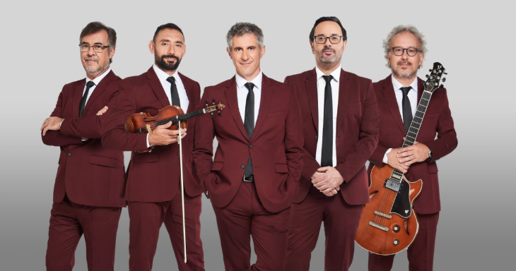 This weekend in London: five male musicians dressed in matching maroon suits