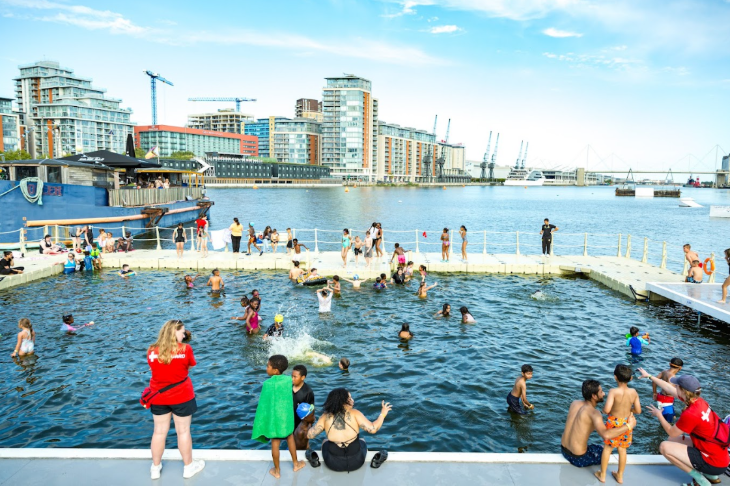 This weekend in London: an enclosed swimming area in the docks, watched by lifeguards