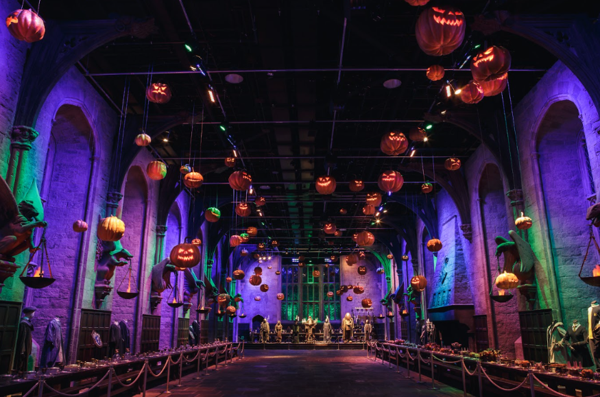 Halloween 2025 parties and events London: pumpkins suspended above the Great Hall at Hogwarts at the Warner Bros Studio Tour