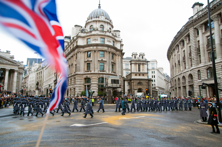 Lord Mayor's Parade 2025: A military procession walking across Bank Junction