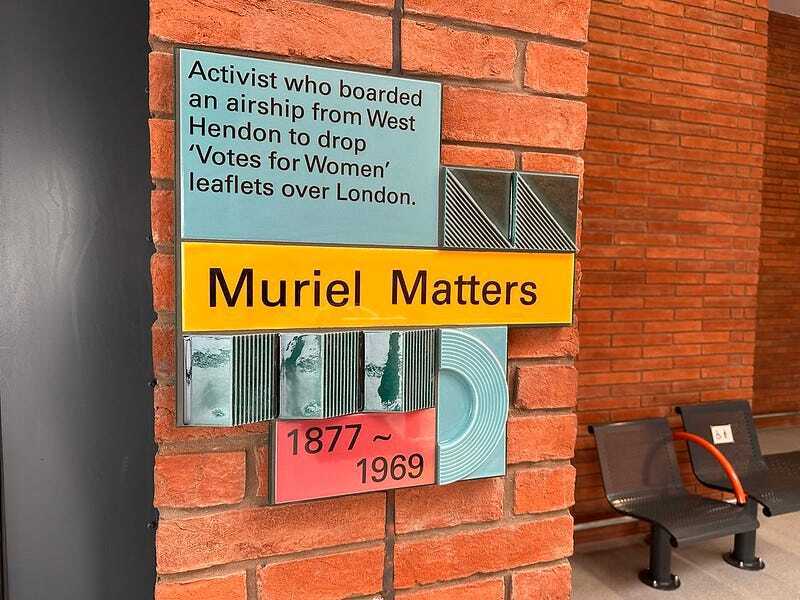 A plaque to Muriel Matters at Brent Cross West station 