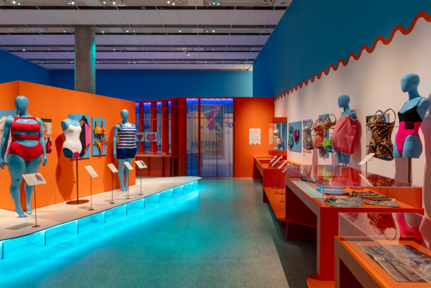 Things to do today in London: part of an exhibition, with mannequins wearing swimwear lining either side of a walkway