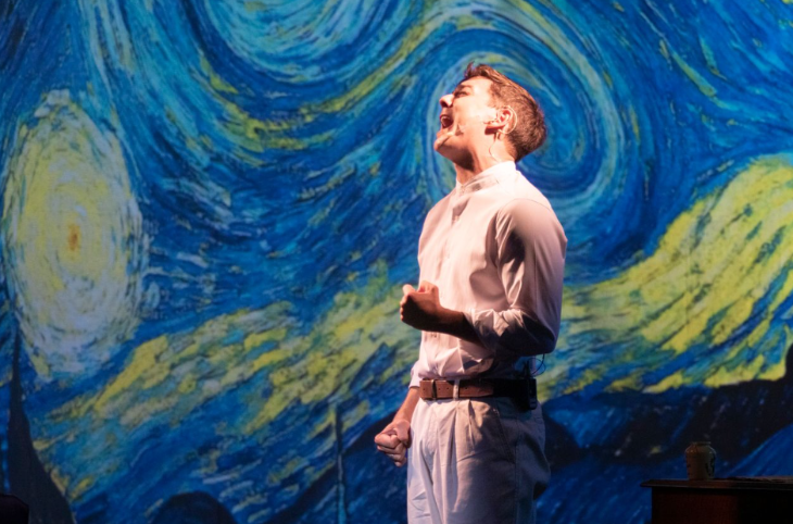 Things to do today in London: an actor playing the role of Van Gogh, against a backdrop of Starry Night