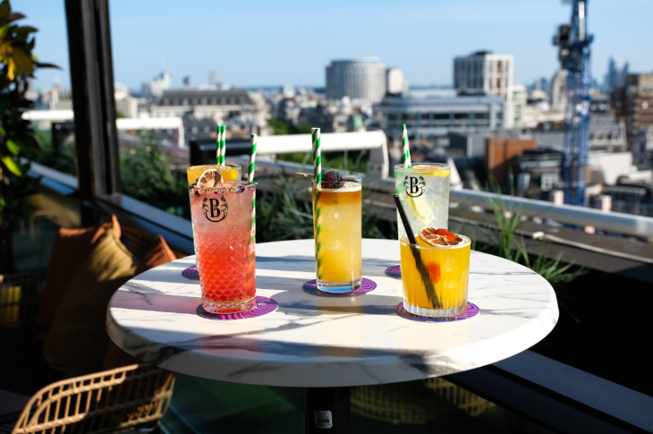 Things to do in London this weekend: colourful cocktails on a table at a rooftop bar