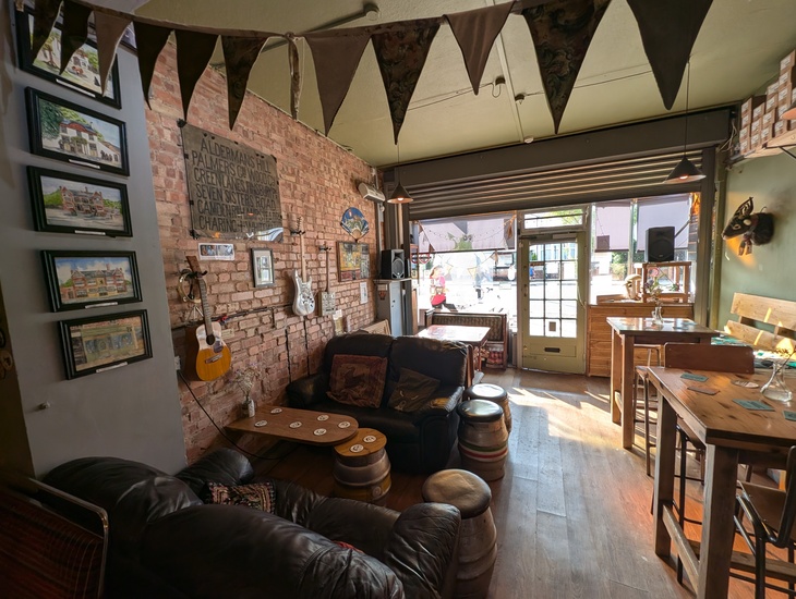 A wide shot of the pun interior
