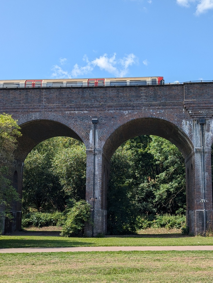 A train passing the viaduct