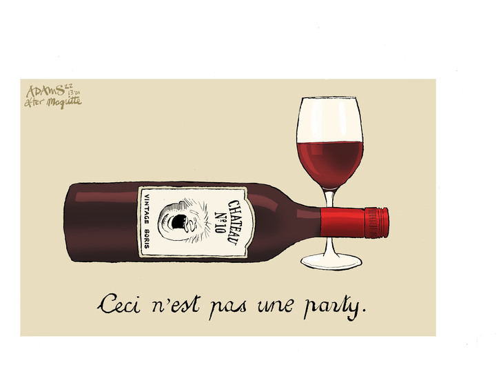 A bottle of wine with Boris Johnson on the label and the motto 'Ceci n'est pas une party'