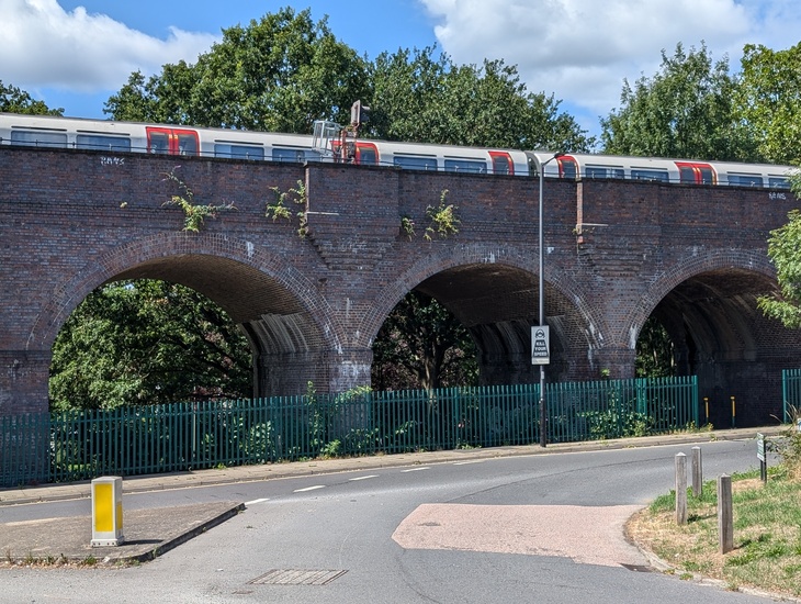 A Tube train crossing the viaduct
