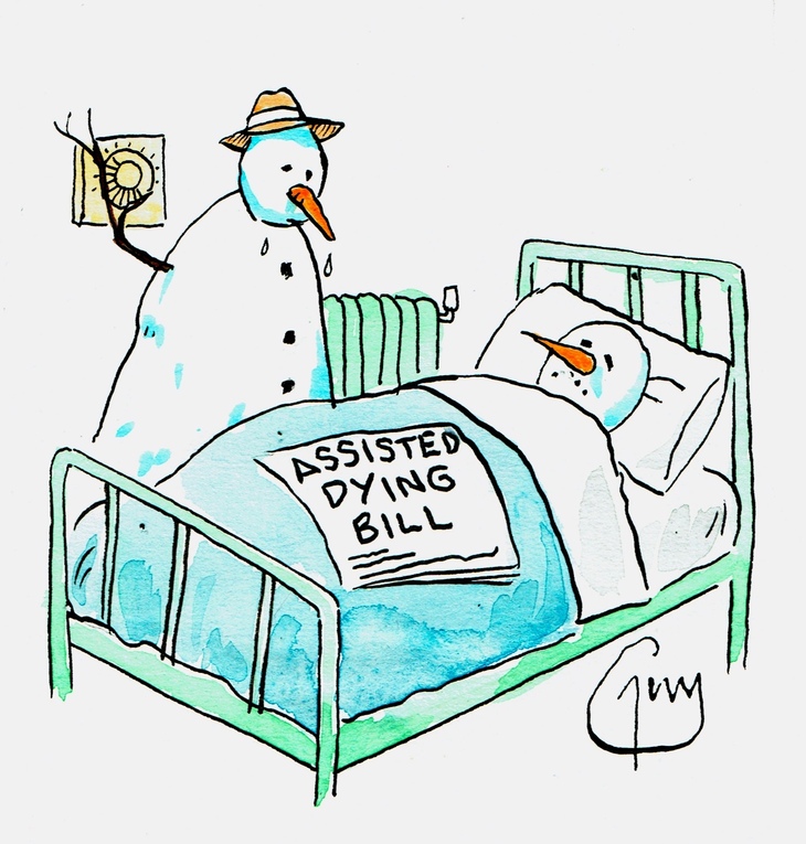 A snowman turning up the heat on a 'dying' snowman in a hospital bed
