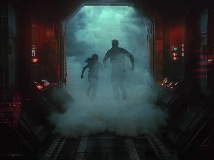 A sci fi image of people running into smoke