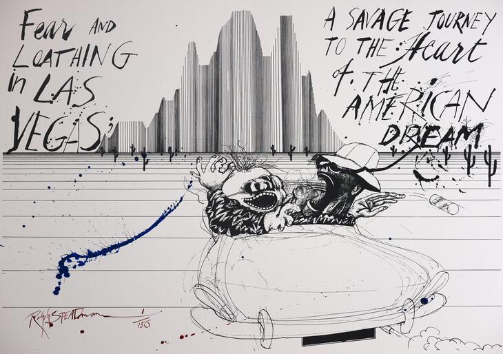 Steadman's image of two people in a car driving towards Vegas