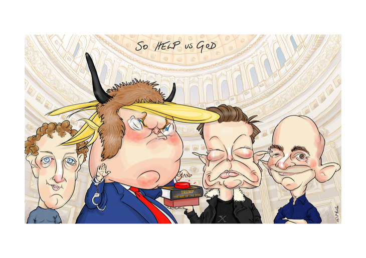 Trump and the main tech bros in the Capitol, with the motto: 'So help us God' 