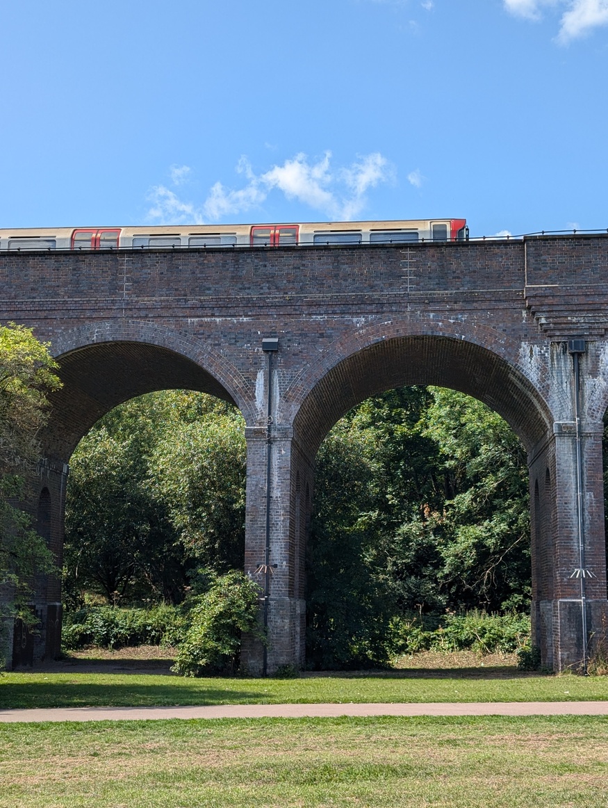 A train passing the viaduct
