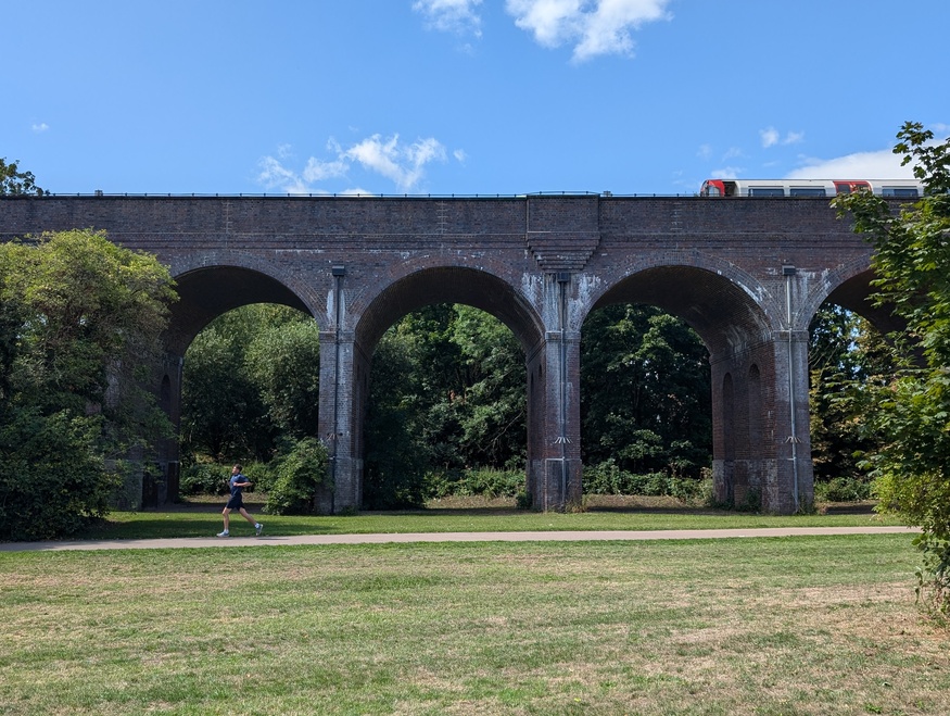 A train passing over a viaduct