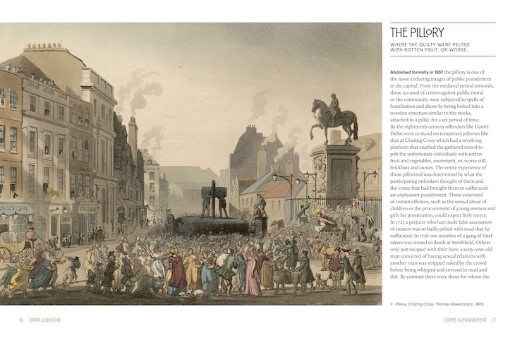 A sample page from Dark London showing a pillory in Charing Cross