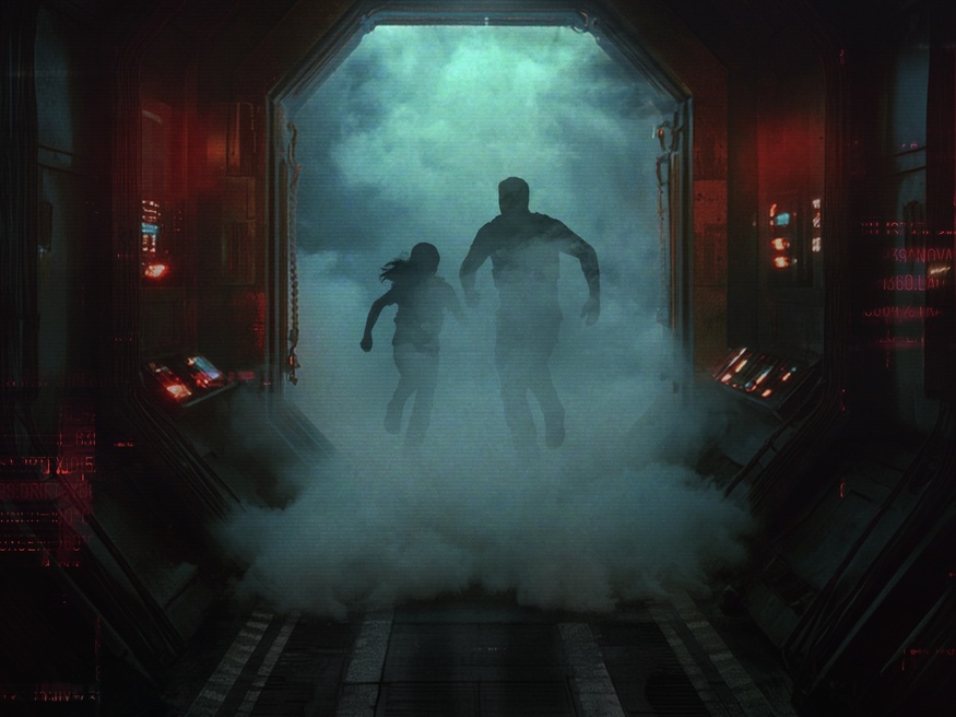 People running through a sci-fi setting