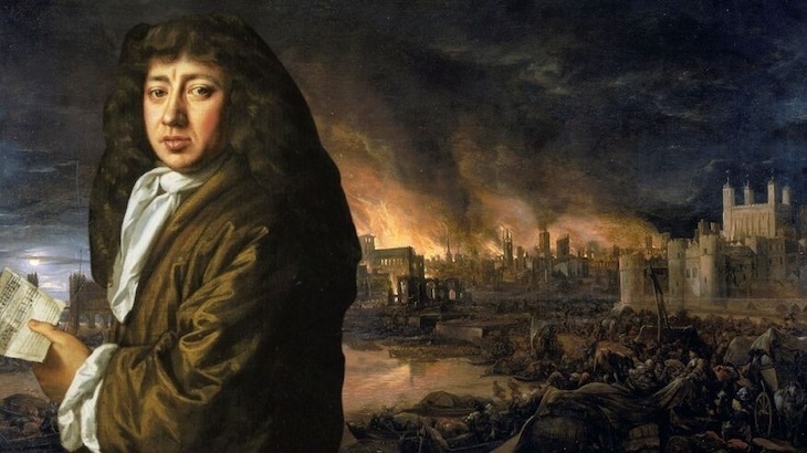 Samuel Pepys, standing casually in front of the Great Fire, like he's seen it all before