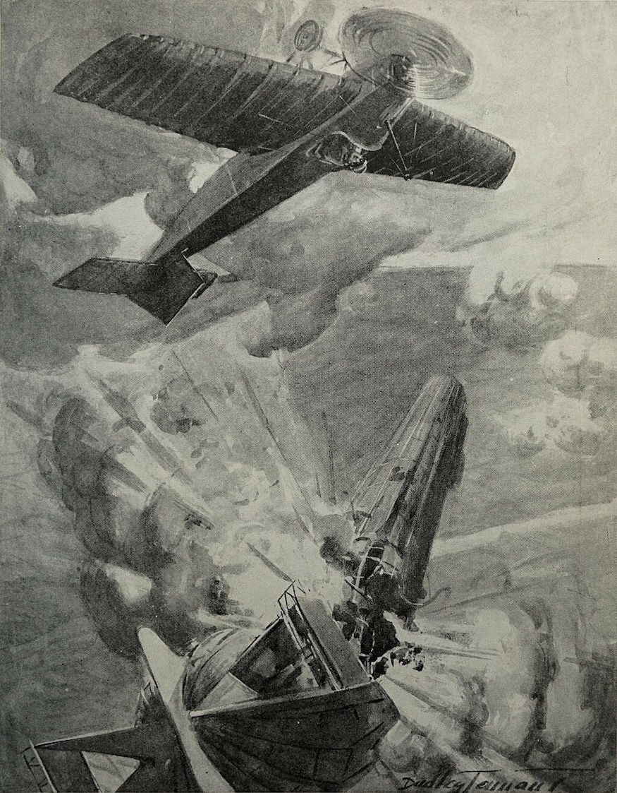 A small aircraft shoots down a zeppelin