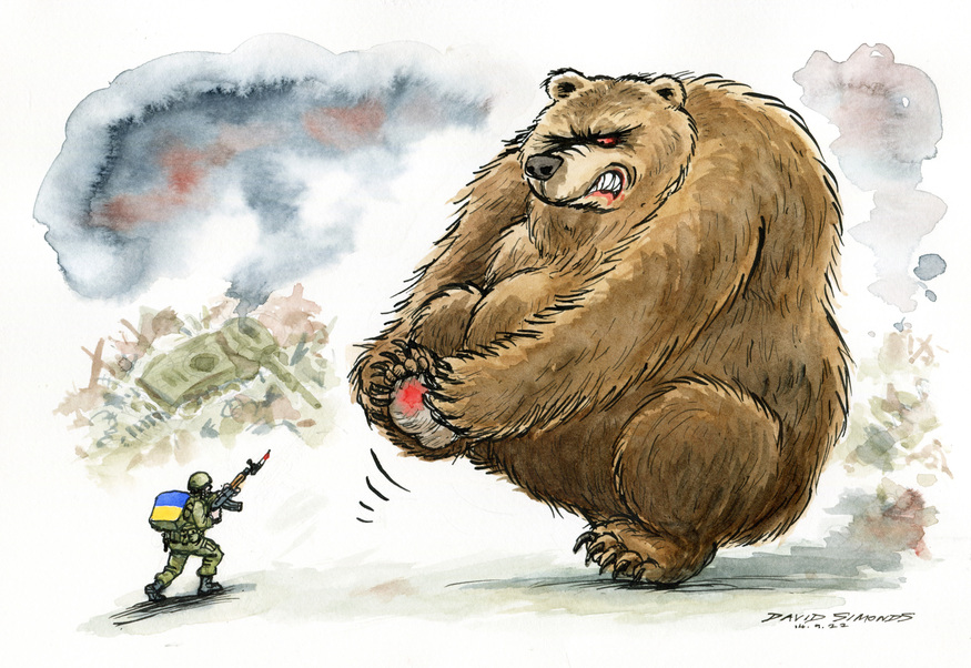 A Ukrainian soldier shooting a huge bear in the foot
