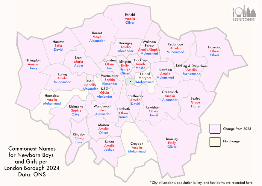 A map showing commonest baby names per borough of London
