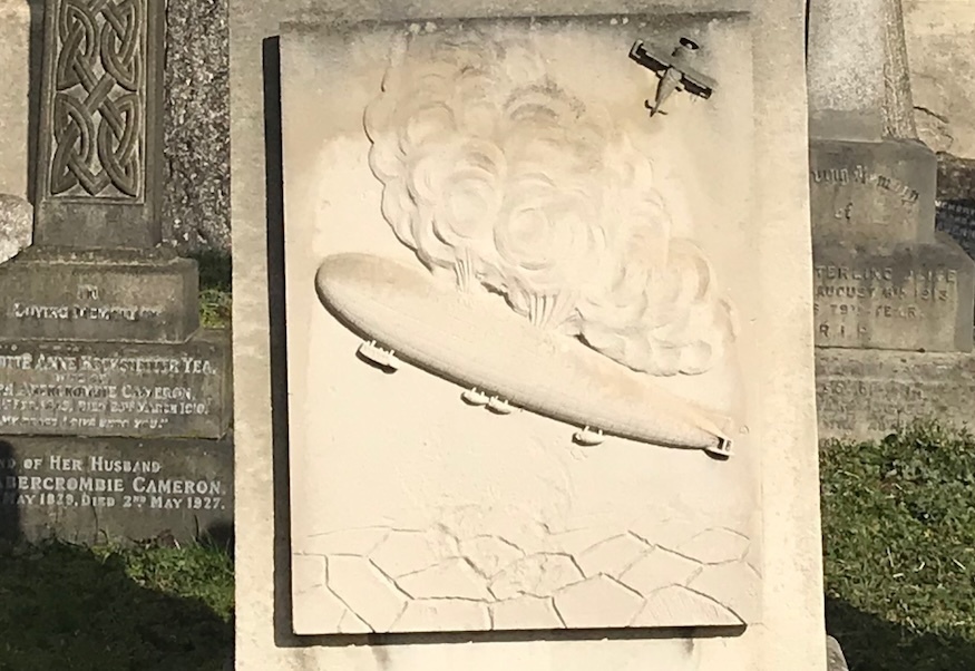 An exploding zeppelin carved in stone