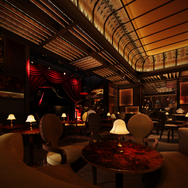 A plush room with stage