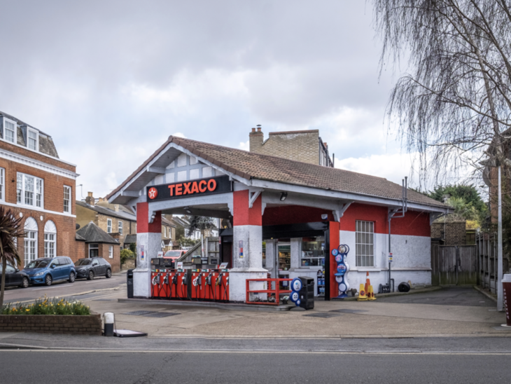 A pitched roof Texaco garage