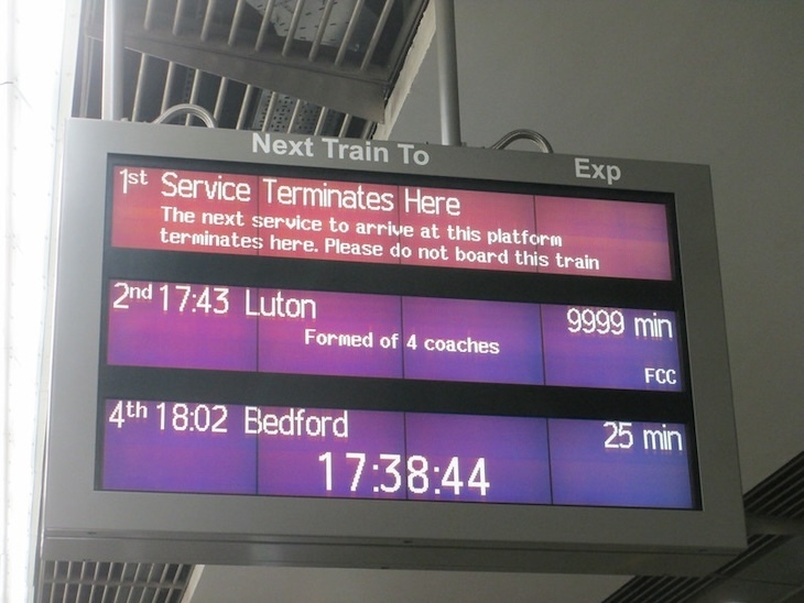 Thameslink route departure board with 9999 minute wait