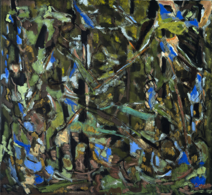 A modern artwork of greens and blues