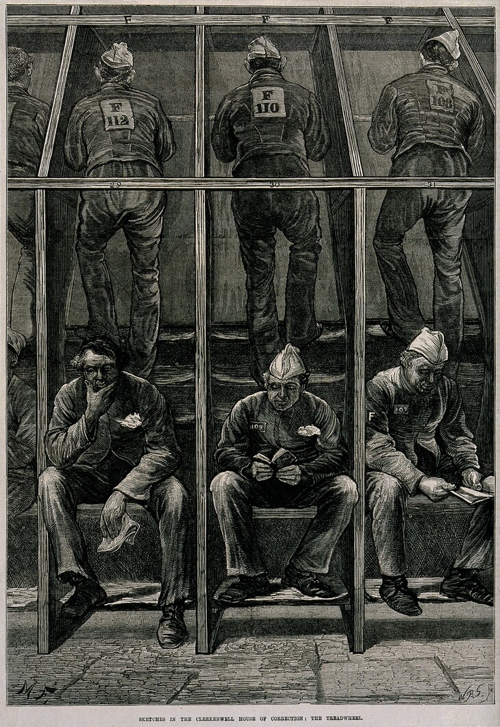 Men standing in a frame treading on the boards of a treadmill: in the foreground others sit looking glum. Wood engraving by W.B.S. after M.F.