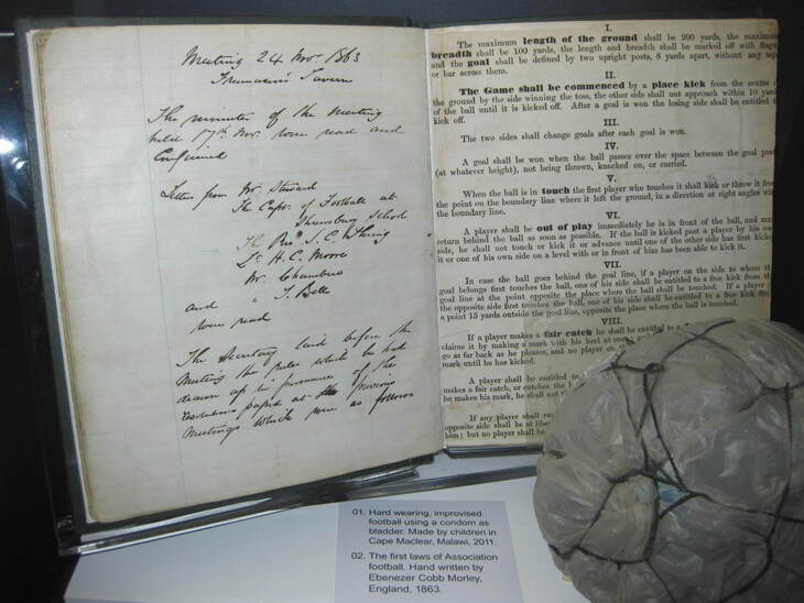 An early draft of the original hand-written 'Laws of the Game' drawn up on behalf of The Football Association by Ebenezer Cobb Morley in 1863 on display at the National Football Museum, Manchester.
