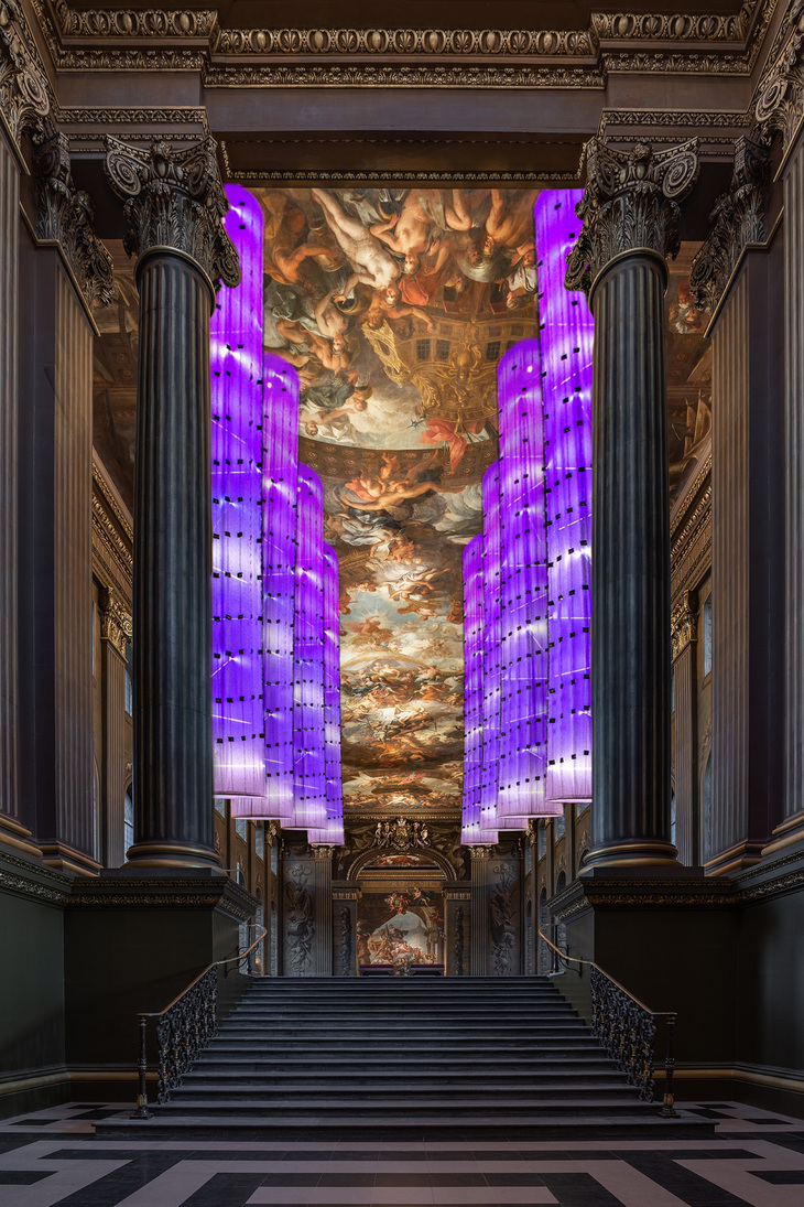 Floating pillars of purple light