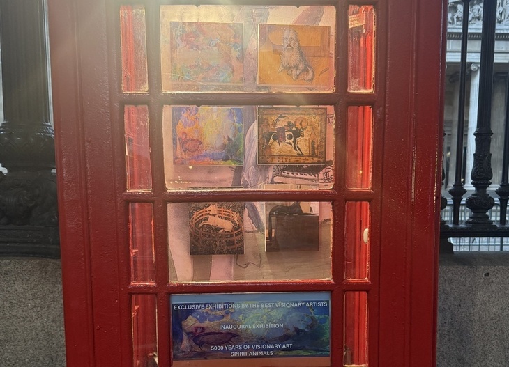 A phone box with artworks in it