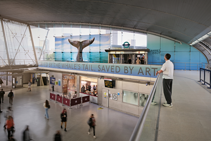 A whale tail artwork at Stratford station