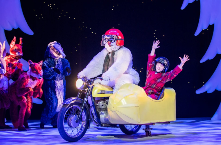 Christmas 2025 shows London: The Snowman driving a motorbike with a boy in a sidecar